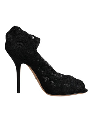 Schwarze Spitze Stretch Heels Mittlere Wadenstiefel Schuhe