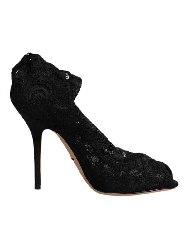 Schwarze Spitze Stretch Heels Mittlere Wadenstiefel Schuhe