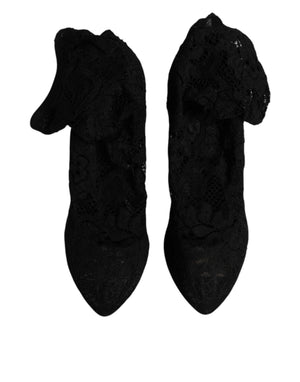 Schwarze Spitze Stretch Heels Mittlere Wadenstiefel Schuhe