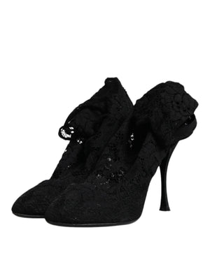 Schwarze Spitze Stretch Heels Mittlere Wadenstiefel Schuhe