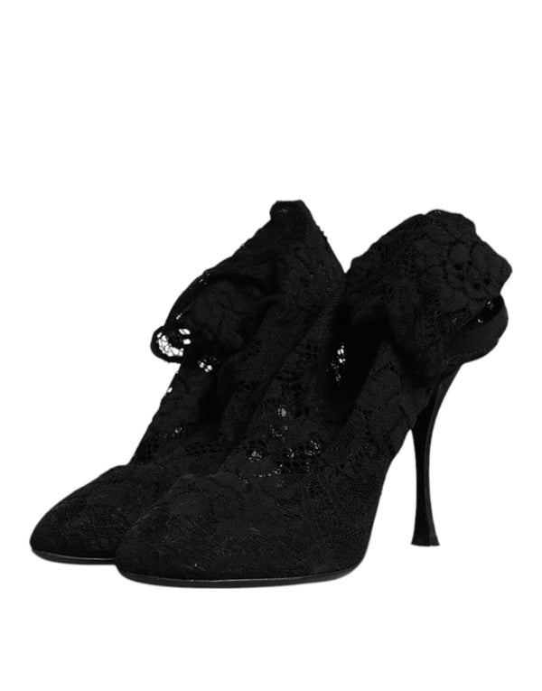 Schwarze Spitze Stretch Heels Mittlere Wadenstiefel Schuhe