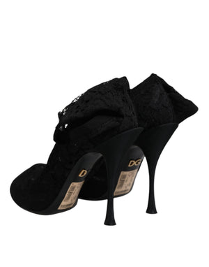 Schwarze Spitze Stretch Heels Mittlere Wadenstiefel Schuhe