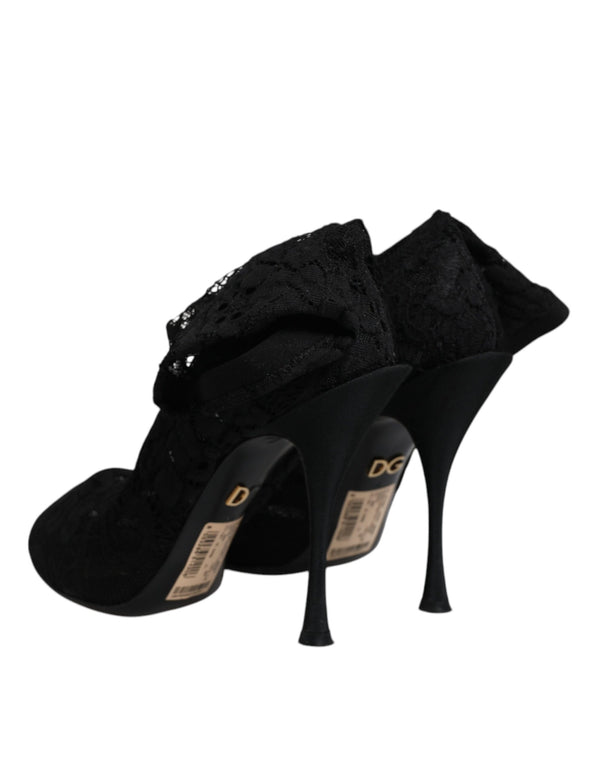 Schwarze Spitze Stretch Heels Mittlere Wadenstiefel Schuhe