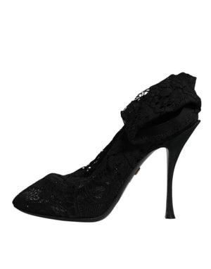Schwarze Spitze Stretch Heels Mittlere Wadenstiefel Schuhe
