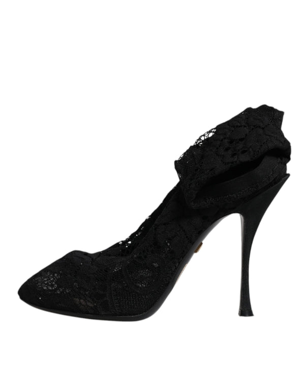 Schwarze Spitze Stretch Heels Mittlere Wadenstiefel Schuhe