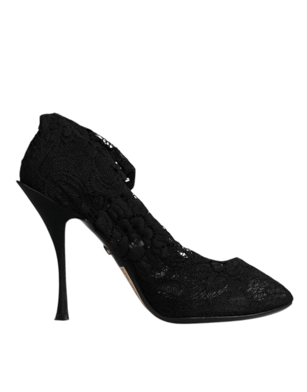 Schwarze Spitze Stretch Heels Mittlere Wadenstiefel Schuhe