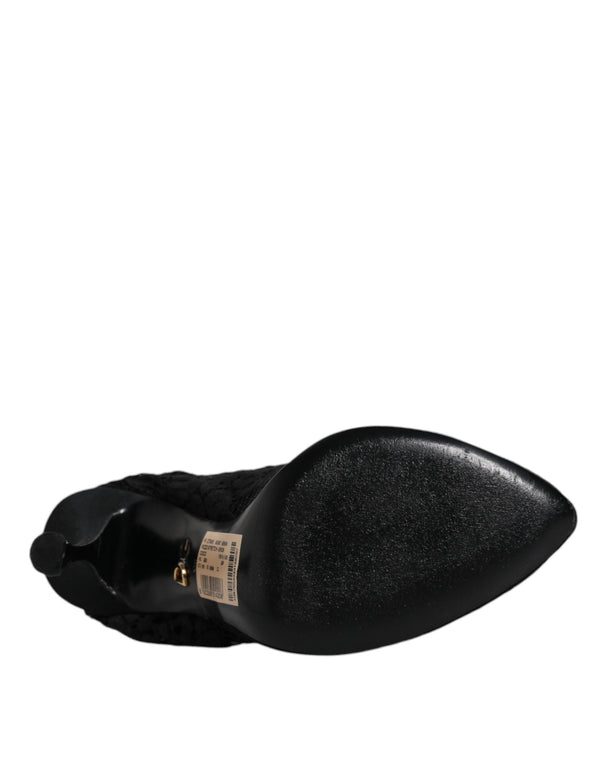 Schwarze Spitze Stretch Heels Mittlere Wadenstiefel Schuhe