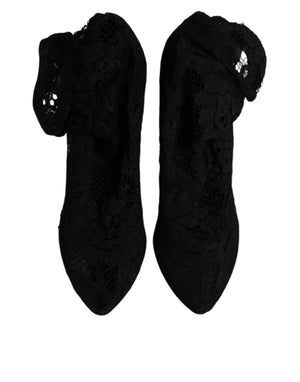 Schwarze Spitze Stretch Heels Mittlere Wadenstiefel Schuhe