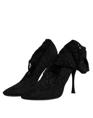 Schwarze Spitze Stretch Heels Mittlere Wadenstiefel Schuhe