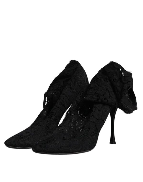 Schwarze Spitze Stretch Heels Mittlere Wadenstiefel Schuhe