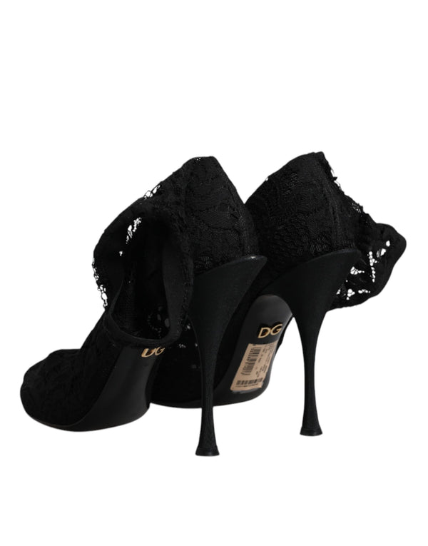Schwarze Spitze Stretch Heels Mittlere Wadenstiefel Schuhe