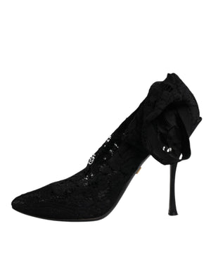 Schwarze Spitze Stretch Heels Mittlere Wadenstiefel Schuhe