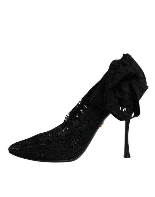 Schwarze Spitze Stretch Heels Mittlere Wadenstiefel Schuhe