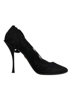Schwarze Spitze Stretch Heels Mittlere Wadenstiefel Schuhe