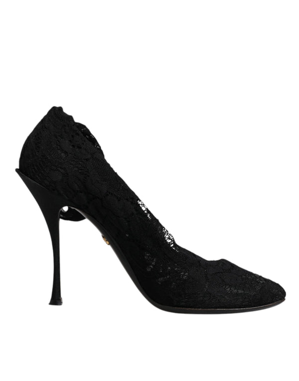 Schwarze Spitze Stretch Heels Mittlere Wadenstiefel Schuhe