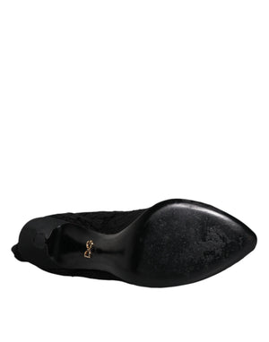 Schwarze Spitze Stretch Heels Mittlere Wadenstiefel Schuhe