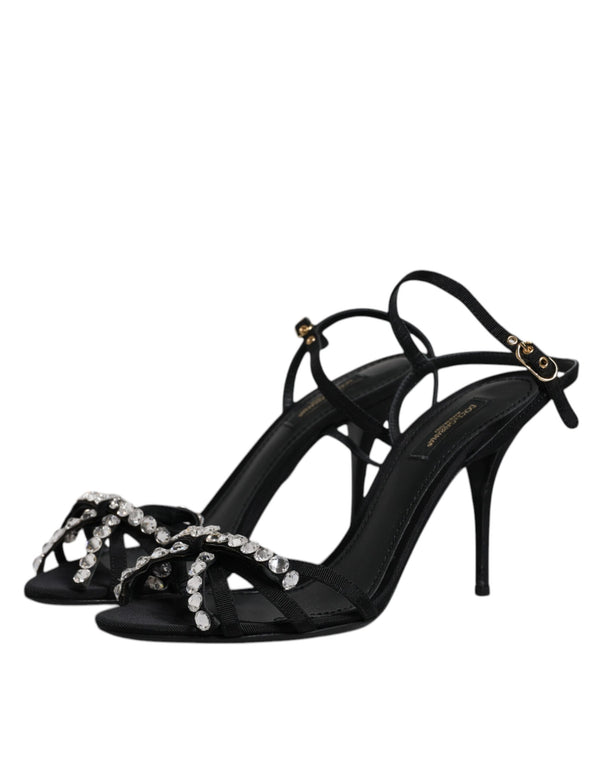 Schwarz Leder Kristall Schleife KEIRA Sandalen Schuhe