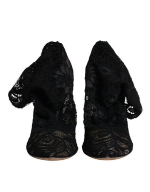 Schwarze Spitze Stretch Heels Mittlere Wadenstiefel Schuhe