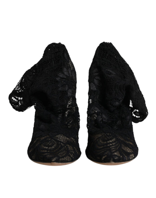 Schwarze Spitze Stretch Heels Mittlere Wadenstiefel Schuhe