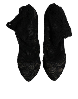 Schwarze Spitze Stretch Heels Mittlere Wadenstiefel Schuhe