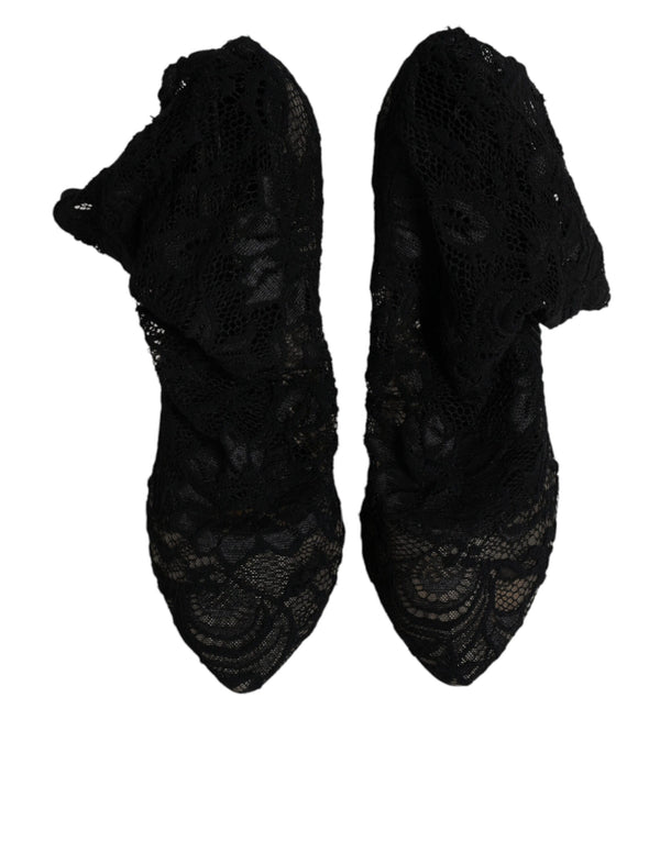 Schwarze Spitze Stretch Heels Mittlere Wadenstiefel Schuhe