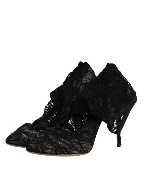 Schwarze Spitze Stretch Heels Mittlere Wadenstiefel Schuhe