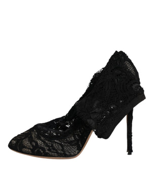 Schwarze Spitze Stretch Heels Mittlere Wadenstiefel Schuhe