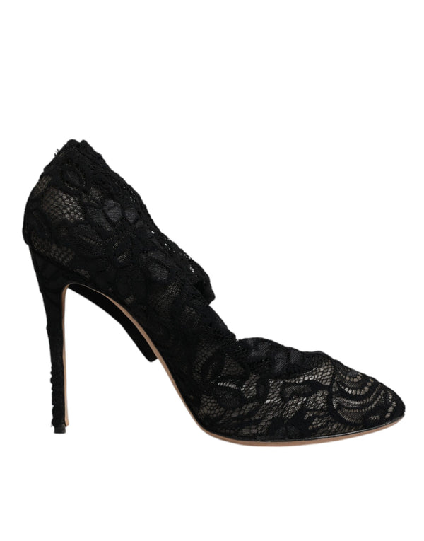 Schwarze Spitze Stretch Heels Mittlere Wadenstiefel Schuhe
