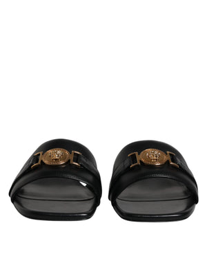 Schwarz Leder Logo Plaque Slip On Slides Flats Schuhe