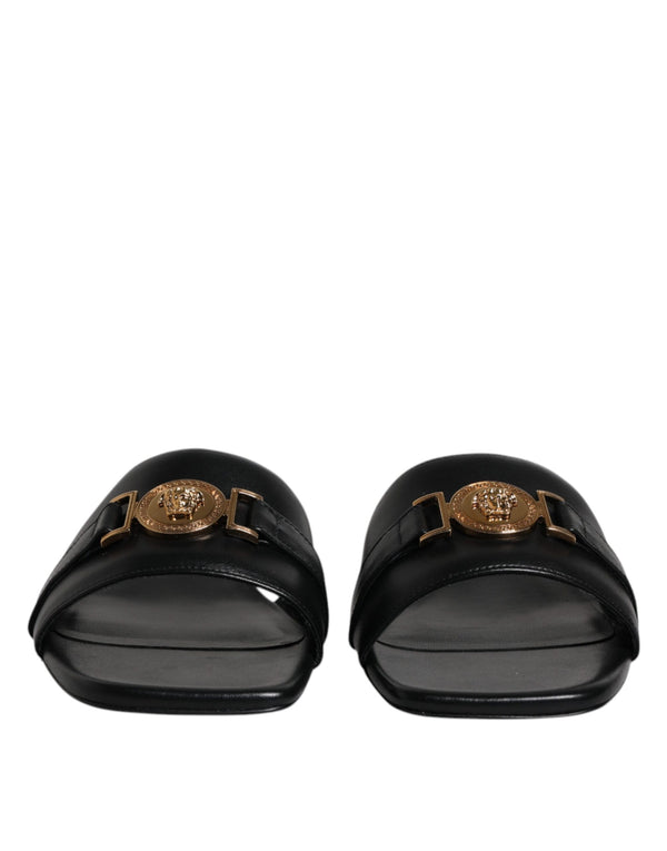 Schwarz Leder Logo Plaque Slip On Slides Flats Schuhe