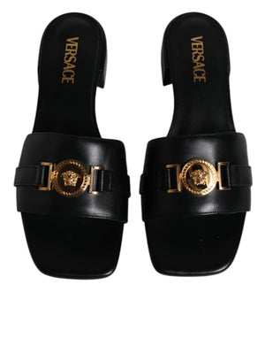 Schwarz Leder Logo Plaque Slip On Slides Flats Schuhe
