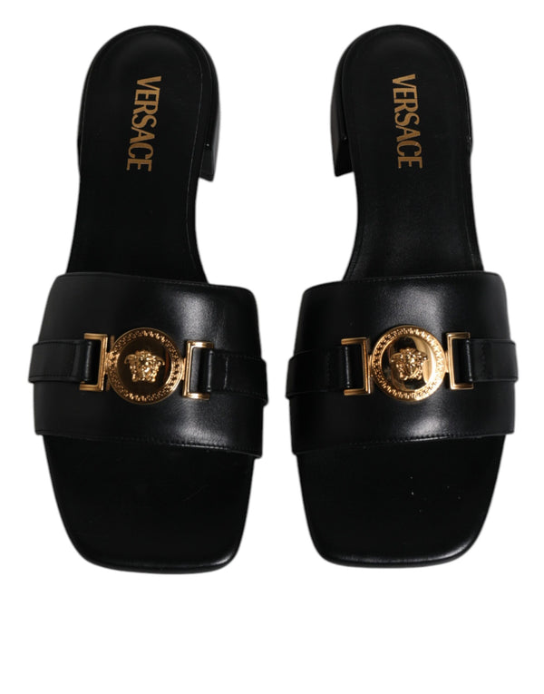Schwarz Leder Logo Plaque Slip On Slides Flats Schuhe