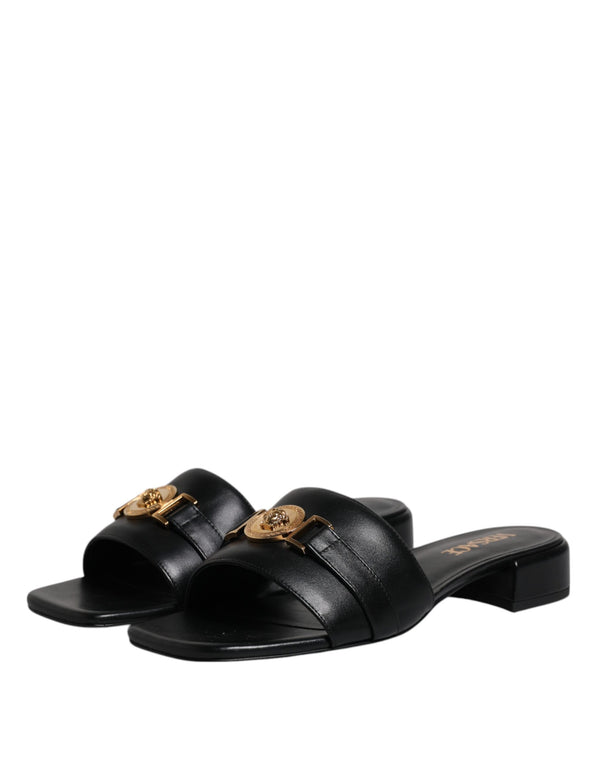 Schwarz Leder Logo Plaque Slip On Slides Flats Schuhe