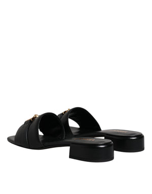 Schwarz Leder Logo Plaque Slip On Slides Flats Schuhe