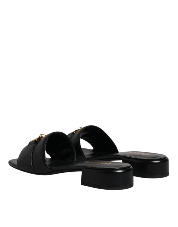 Schwarz Leder Logo Plaque Slip On Slides Flats Schuhe