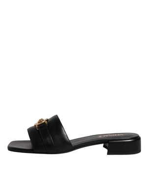 Schwarz Leder Logo Plaque Slip On Slides Flats Schuhe