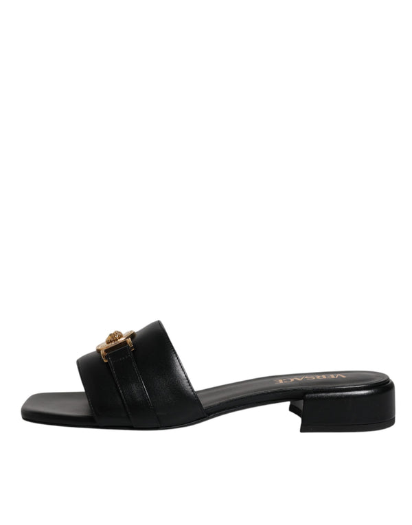 Schwarz Leder Logo Plaque Slip On Slides Flats Schuhe