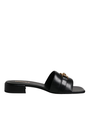 Schwarz Leder Logo Plaque Slip On Slides Flats Schuhe