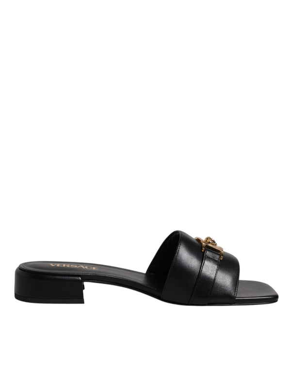 Schwarz Leder Logo Plaque Slip On Slides Flats Schuhe