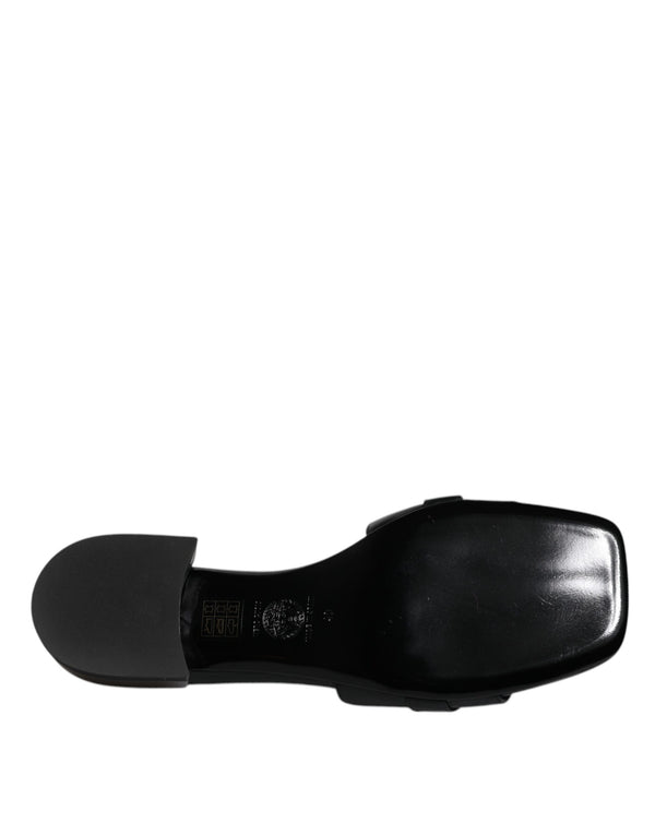 Schwarz Leder Logo Plaque Slip On Slides Flats Schuhe