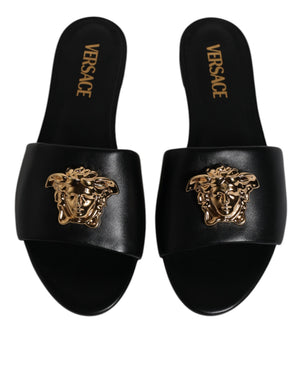 Schwarz Leder Logo Plaque Slip On Slides Flats Schuhe