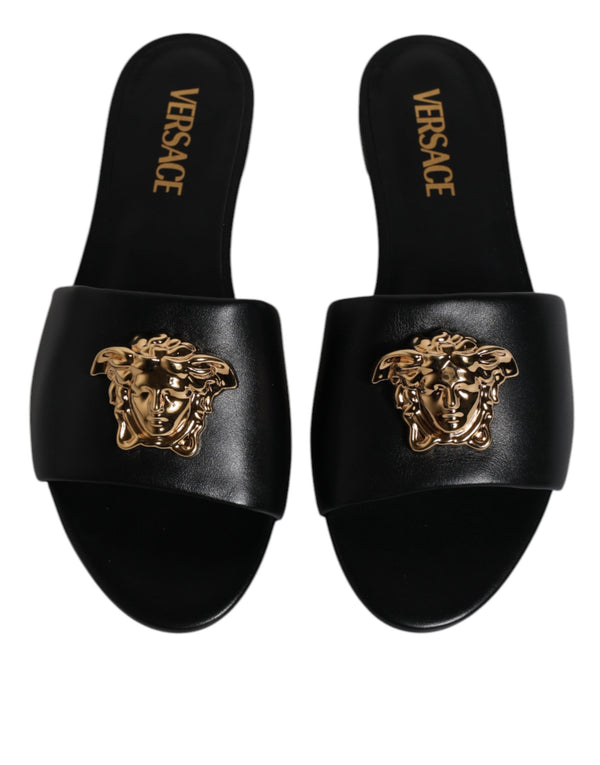 Schwarz Leder Logo Plaque Slip On Slides Flats Schuhe