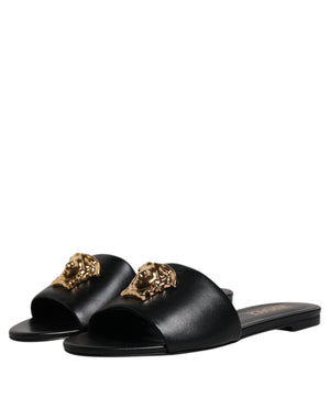 Schwarz Leder Logo Plaque Slip On Slides Flats Schuhe