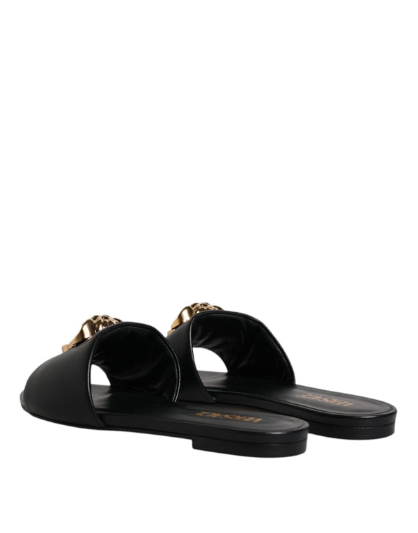 Schwarz Leder Logo Plaque Slip On Slides Flats Schuhe