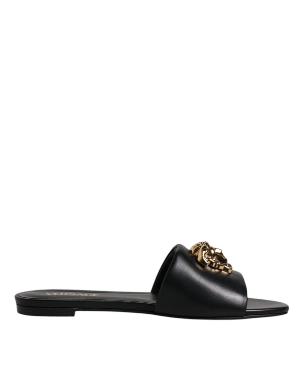 Schwarz Leder Logo Plaque Slip On Slides Flats Schuhe