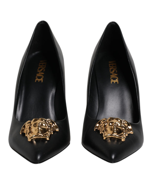 Schwarz Leder Logo Plaque High Heels Pumps Schuhe