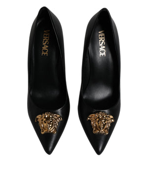 Schwarz Leder Logo Plaque High Heels Pumps Schuhe