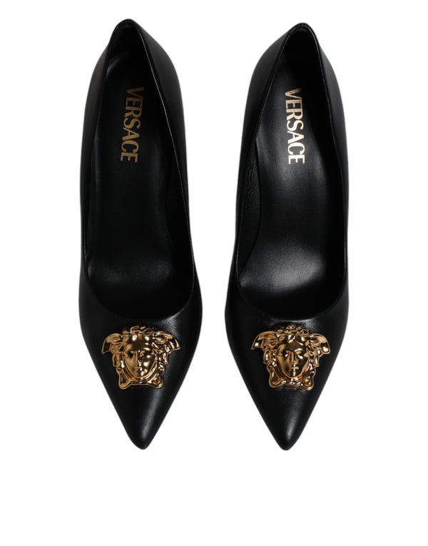 Schwarz Leder Logo Plaque High Heels Pumps Schuhe
