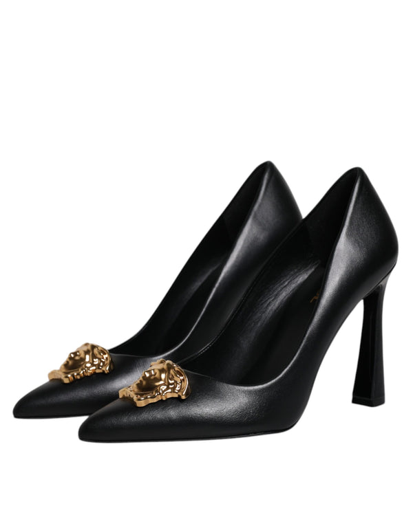 Schwarz Leder Logo Plaque High Heels Pumps Schuhe