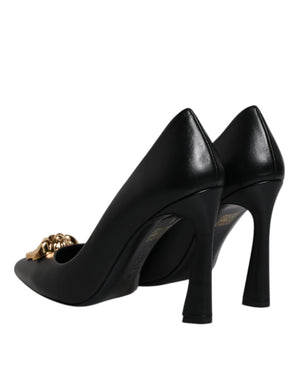 Schwarz Leder Logo Plaque High Heels Pumps Schuhe